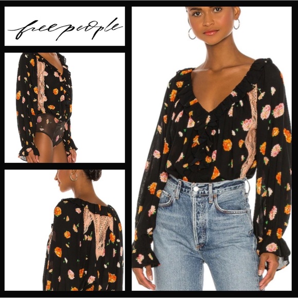 Free People Pants - Free People lace black, orange, & pink long sleeve bodysuit, size XS